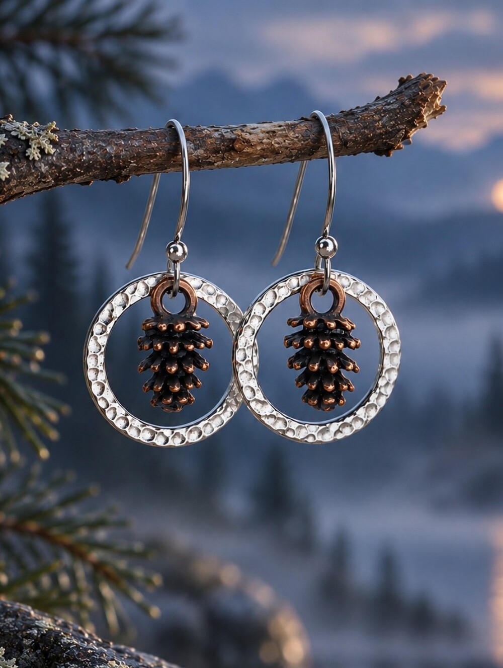 Mixed Metal Pinecone Earrings Hammered Silver Copper Woodland Hand Crafted